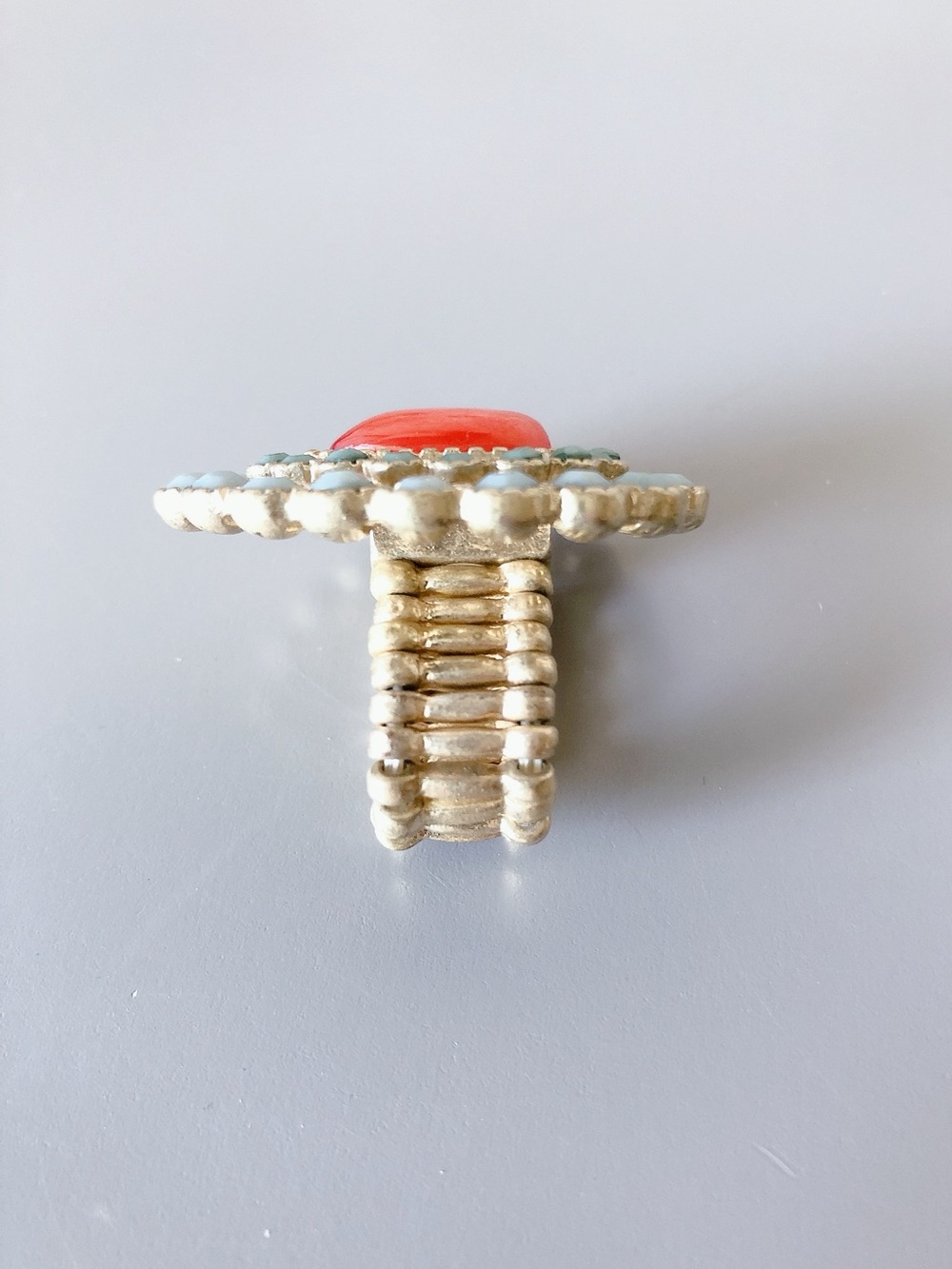 Brushed Gold tone Statement Stretch Teardrop Ring with Coral Red & Teal blue - Picture 4 of 8